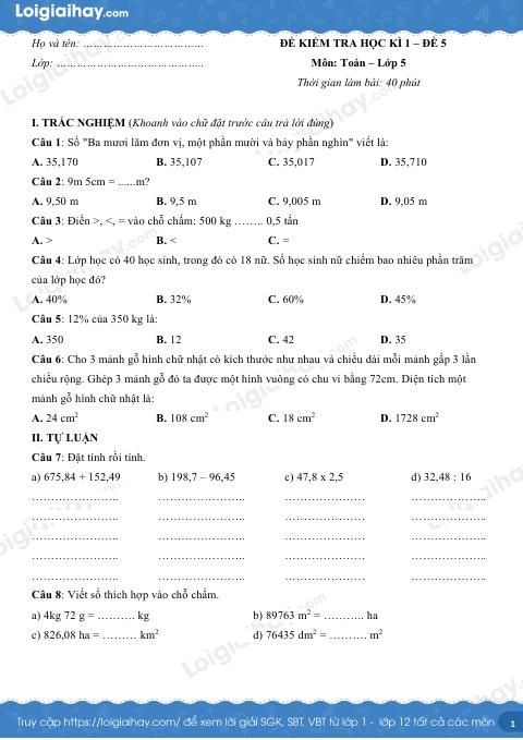 Đề kiểm tra học kì 1 Toán 5 - Đề số 5